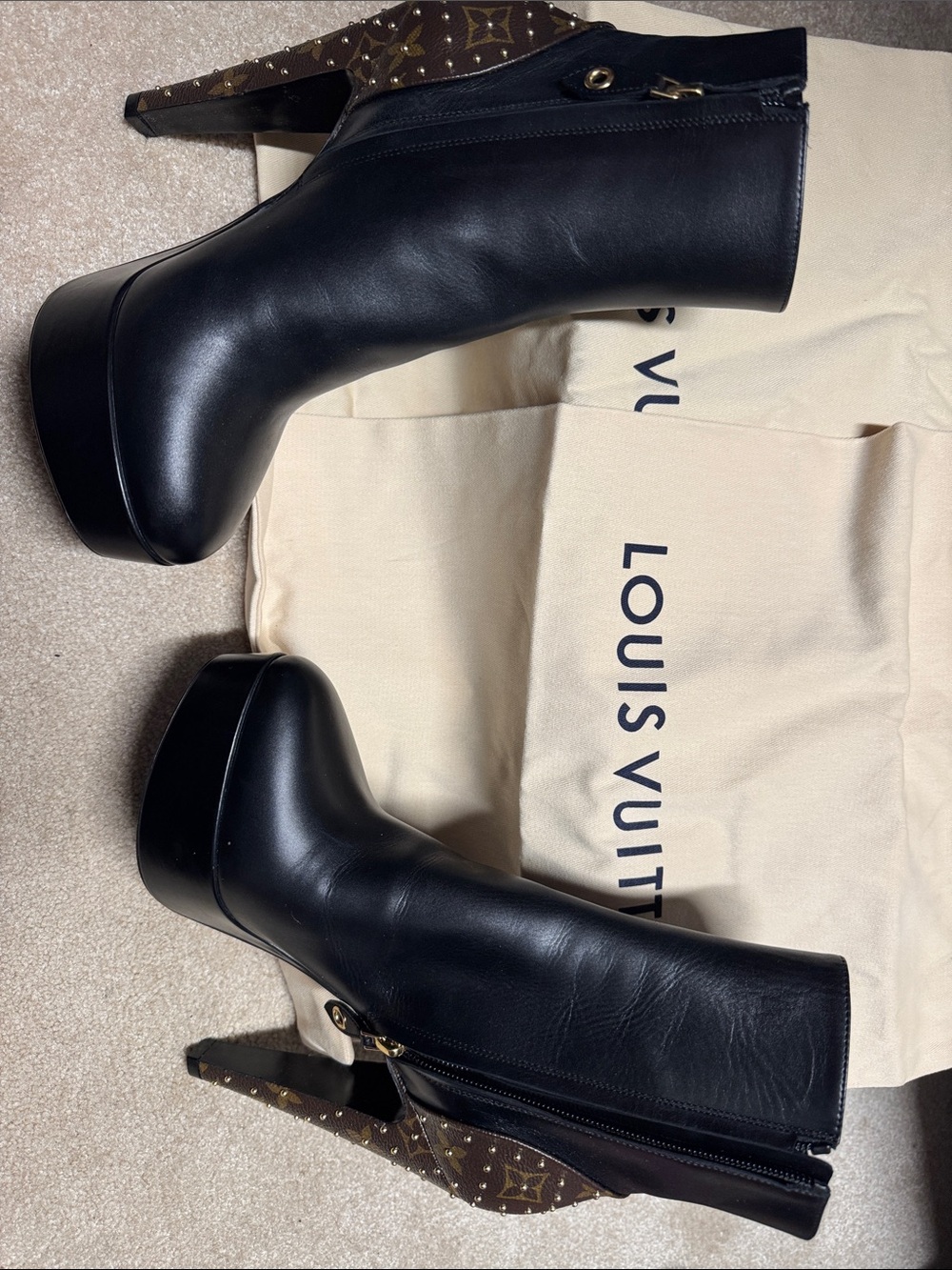 Louis Vuitton Afterglow platform ankle boots monogram heel studded sz 39 New